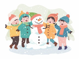 Fototapeta premium Children make snowman illustration isolated on white. AI generated