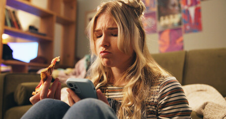 Woman, pizza and phone on floor in home, stress and reading notification for breakup, sad and...