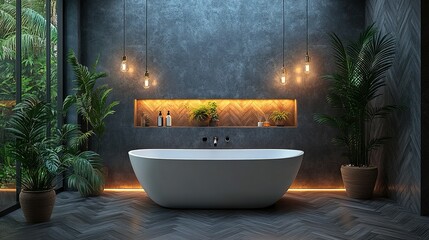 Modern Bathroom with Freestanding Tub, Plants, and Exposed Brick Wall