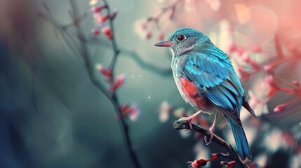 Obraz premium A vibrant blue bird perched on a branch with pink blossoms in a soft, dreamy background.