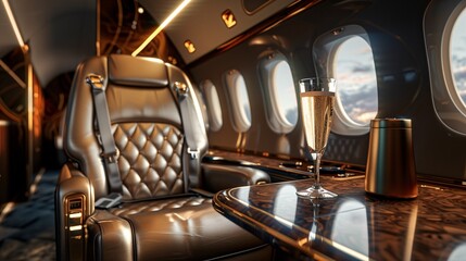  luxurious interior shot of a private jet cabin, Transport concept, business class, private flights, advertising, private aviation services banner, luxury rich life