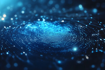 A blue image of a fingerprint with a lot of dots. The image is abstract and has a futuristic feel to it