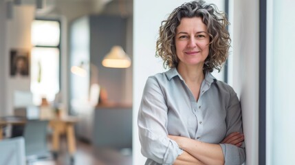 Obraz premium Confident businesswoman with crossed arms smiling in modern office, facing camera, embodying success in professional attire with sleek hairstyle.