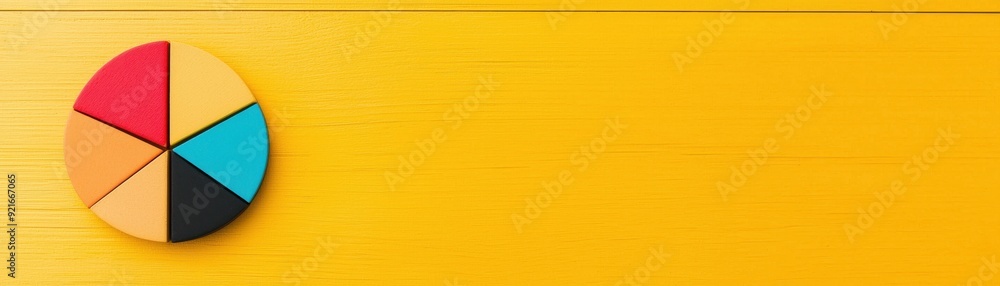 Poster a vibrant pie chart on a bright yellow background, symbolizing data analysis and visualization in a 