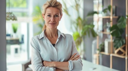 Fototapeta premium Confident businesswoman with crossed arms smiling in modern office, facing camera, embodying success in professional attire with sleek hairstyle.