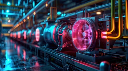 Fototapeta premium High-Tech Industrial Machinery with Neon Lights in a Modern Factory Setting