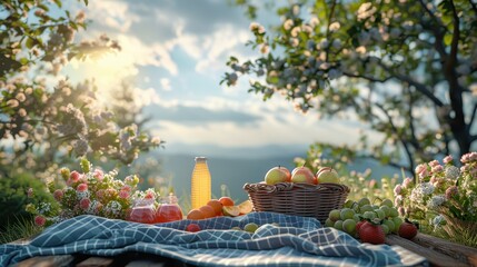 Fototapeta premium Scenic Outdoor Picnic with Fresh Fruits and Flowers in a Sunlit Garden Setting