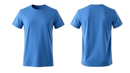 Mockup blue t-shirt, displayed on a white background, showing both the front and back views