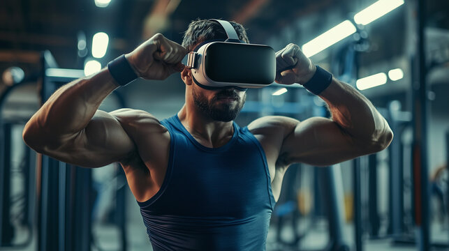 Man Exercising with VR Headset in Gym