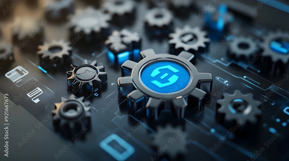 Poster 3D Abstract Search Engine Icon with Floating Gears Symbolizing Digital Mechanics