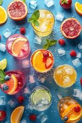 Colorful Assortment of Refreshing Summer Drinks with Fresh Fruits and Ice on a Blue Background