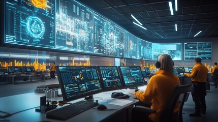 Digital transformation scene for a gas company, showcasing advanced technology integration, and data analytics in a modern control room. Engineers analyzing real-time data on large screens,