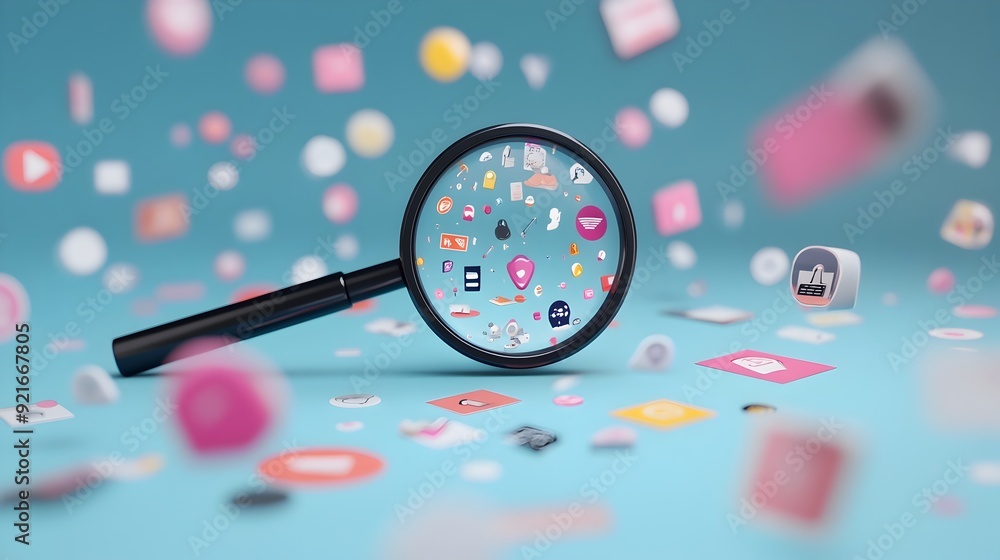 Aufkleber 3D Magnifying Glass Focusing on Floating Icons for Search Engine Optimization and Data Analysis
