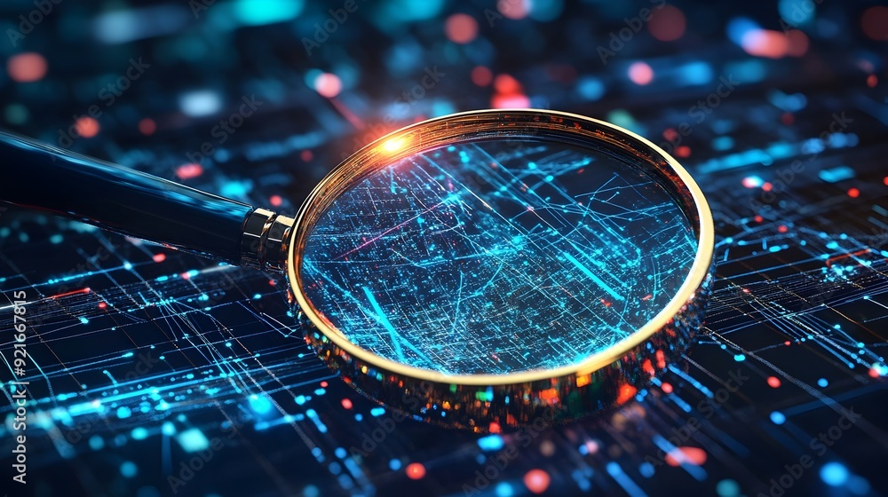 Poster 3d magnifying glass hovering over digital network revealing hidden data