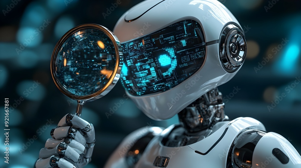 Poster 3d robot search engine with magnifying glass scanning digital landscape