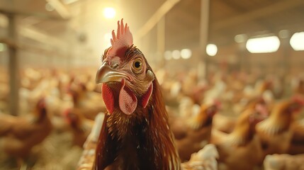 Close up of a curious chicken looking directly at the camera in a coop.