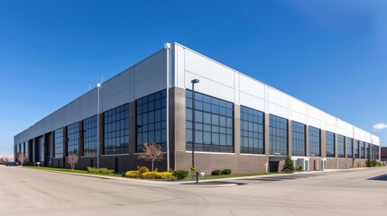 Obraz premium Modern Industrial Warehouse at Sunset with Clear Sky