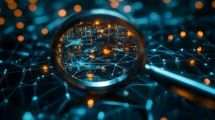 3D Magnifying Glass Zooming in on a Complex Digital Network Symbolizing Search Engines Uncovering Insights