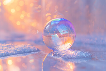 A clear ball with a rainbow reflection on it