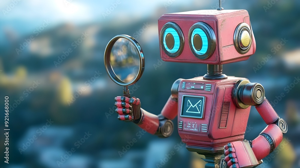 Aufkleber 3D Search Engine Robot Scanning a Digital Landscape with Magnifying Glass