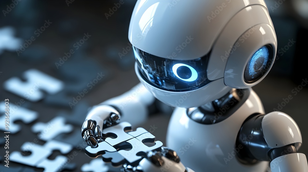 Poster 3D Search Robot Assembling Digital Puzzle Symbolizing Searchability and Data