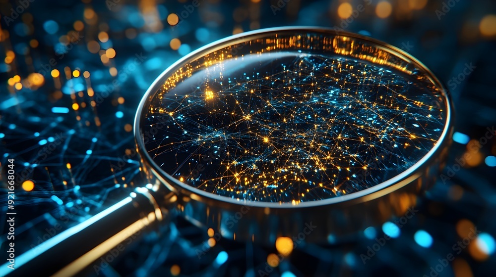 Poster A 3D Magnifying Glass Zooming in on a Complex Digital Network Symbolizing Search Engines Uncovering Intricate Details