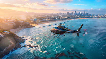 a helicopter in flight over a stunning coastal landscape, Transport concept, business class, private flights, advertising, private aviation services banner, luxury rich life