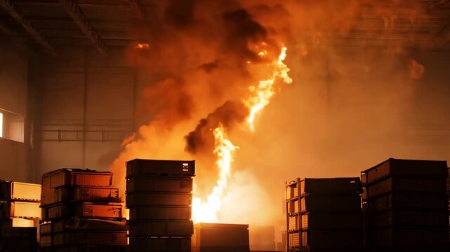 Fire in a warehouse. The warehouse stands no chance against the ferocious fire, crumbling under its relentless assault. FHD video.