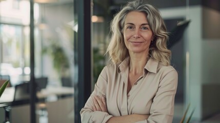 Fototapeta premium Confident businesswoman with crossed arms smiling in modern office, facing camera, embodying success in professional attire with sleek hairstyle.