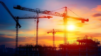 Cranes Silhouetted Against a Glowing Sunset at a Bustling Construction Site