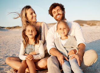 Parents, children and portrait at beach, vacation and smile with care, love or bonding on sand in...