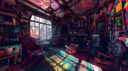 Psychedelic Living Room Interior Design Illustration