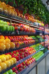 Vibrant Display of Fresh Fruits and Vegetables in a Modern Grocery Store