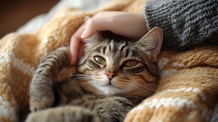 Cuddly Tabby Cat Relaxing on Cozy Bed with Caring Owner Nearby
