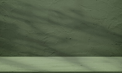 Backdrop green podium display with for product. Interior room with sunlight and shadows on green...