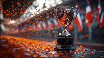 Obraz premium Victorious moment with a racing driver holding the trophy on the podium. The scene features orange confetti falling around and the driver's hands proudly lifting the cup.