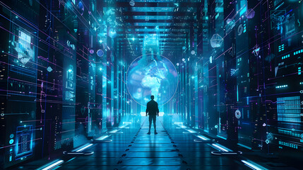 Futuristic Digital Cityscape with Silhouette of Man in Neon Blue and Pink Lights - Illustration