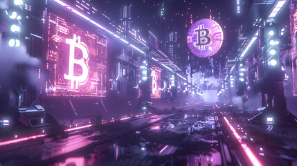 Cyberpunk Cityscape with Bitcoin Symbol 3D Illustration
