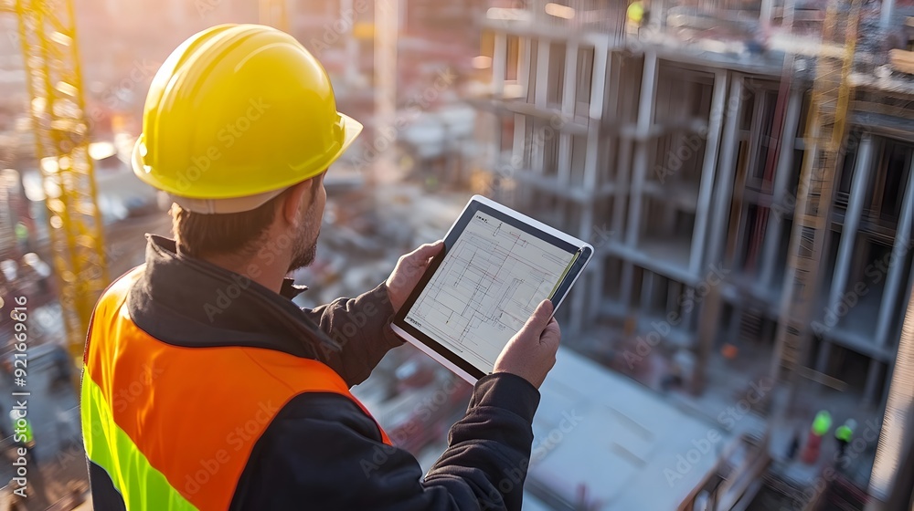 Poster engineer utilizing tablet to oversee construction site in afternoon lighting