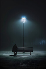A person sits on a bench in the dark. The scene is quiet and peaceful, with only the person and the bench visible. The darkness adds to the sense of solitude and introspection