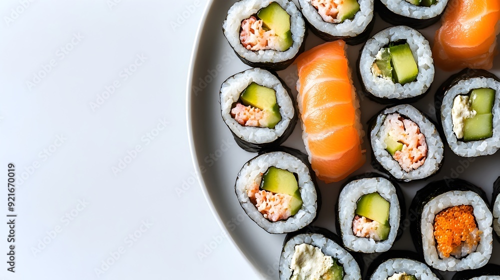 Poster freshly prepared sushi rolls neatly arranged on a white background