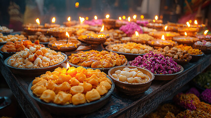 High-resolution photo of Diwali sweets arranged with lit diyas, symbolizing kindness and celebration of light.