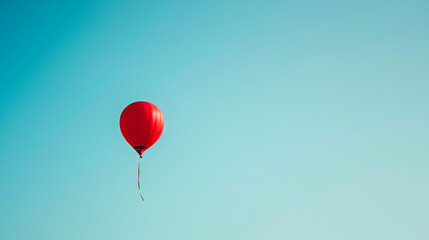 Fototapeta premium A red balloon is floating in the sky above a blue sky. The balloon is the only object in the image, and it is floating freely without any strings attached. Concept of freedom and lightness