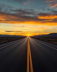 A beautiful sunset over a long, straight road stretching into the horizon, evoking a sense of adventure and tranquility.