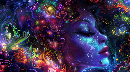 Abstract Illustration of a Woman's Face with Colorful Floral Patterns and Glowing Lights