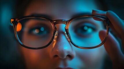Close-up of a person adjusting glasses with a focused expression