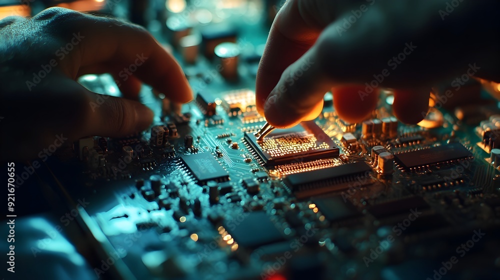 Aufkleber intricate hands wiring a high tech circuit board with soft lighting