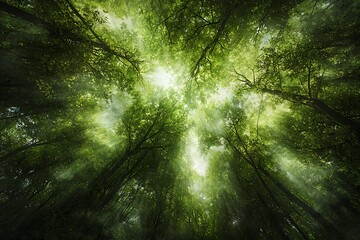 Sunlight streams through the canopy of a lush, green forest, creating a magical and serene atmosphere.