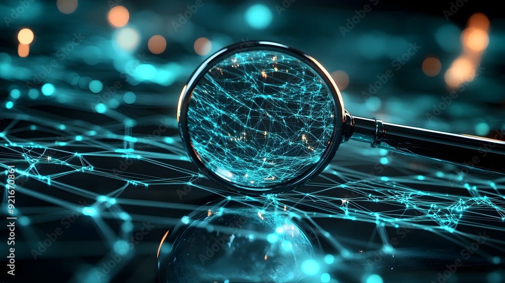 Aufkleber magnifying glass zooming in on complex digital network uncovering intricate details