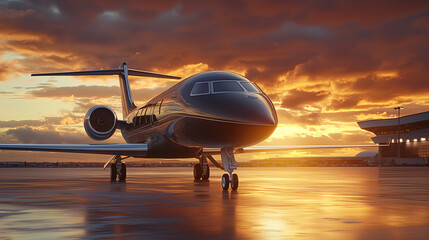  sleek private jet on the tarmac at sunset, Transport concept, business class, private flights, advertising, private aviation services banner, luxury rich life